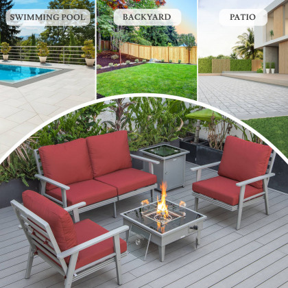 LeisureMod Walbrooke Modern Gray Patio Conversation With Square Fire Pit & Tank Holder - Red