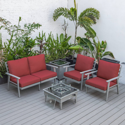 LeisureMod Walbrooke Modern Gray Patio Conversation With Square Fire Pit & Tank Holder - Red