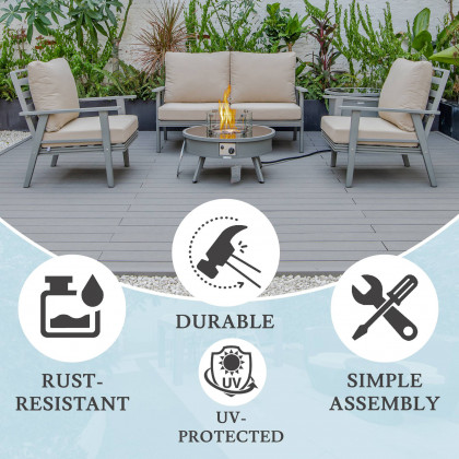 LeisureMod Walbrooke Modern Gray Patio Conversation With Round Fire Pit & Tank Holder - Beige