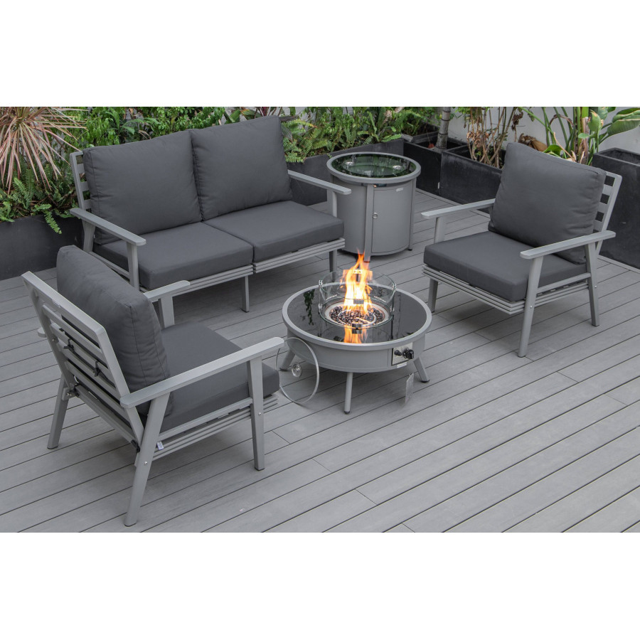 LeisureMod Walbrooke Modern Gray Patio Conversation With Round Fire Pit & Tank Holder - Charcoal