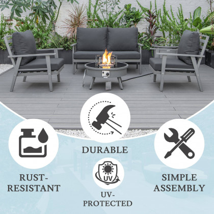 LeisureMod Walbrooke Modern Gray Patio Conversation With Round Fire Pit & Tank Holder - Charcoal