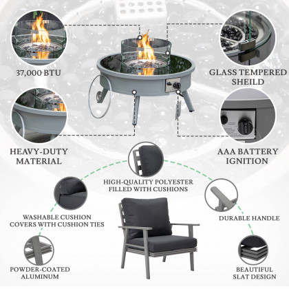 LeisureMod Walbrooke Modern Gray Patio Conversation With Round Fire Pit & Tank Holder - Charcoal