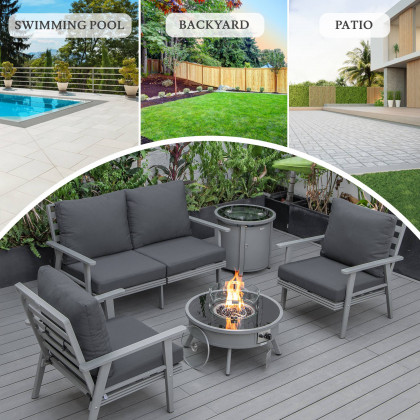 LeisureMod Walbrooke Modern Gray Patio Conversation With Round Fire Pit & Tank Holder - Charcoal
