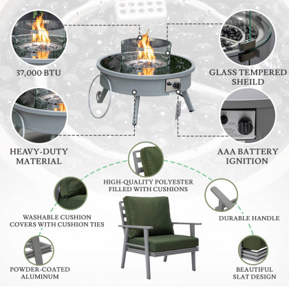 LeisureMod Walbrooke Modern Gray Patio Conversation With Round Fire Pit & Tank Holder - Green