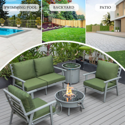 LeisureMod Walbrooke Modern Gray Patio Conversation With Round Fire Pit & Tank Holder - Green