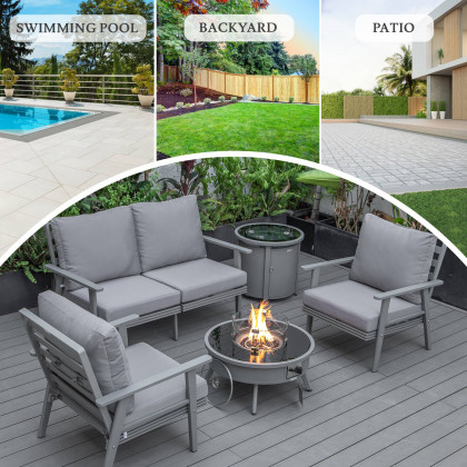 LeisureMod Walbrooke Modern Gray Patio Conversation With Round Fire Pit & Tank Holder - Gray