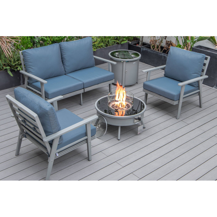 LeisureMod Walbrooke Modern Gray Patio Conversation With Round Fire Pit & Tank Holder - Navy Blue