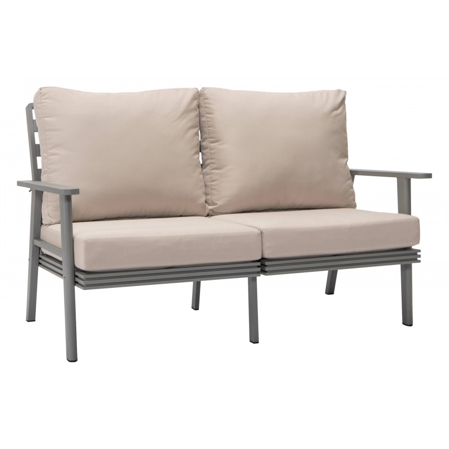 LeisureMod Walbrooke Modern Outdoor Patio Loveseat with Gray Aluminum Frame and Removable Cushions - Beige