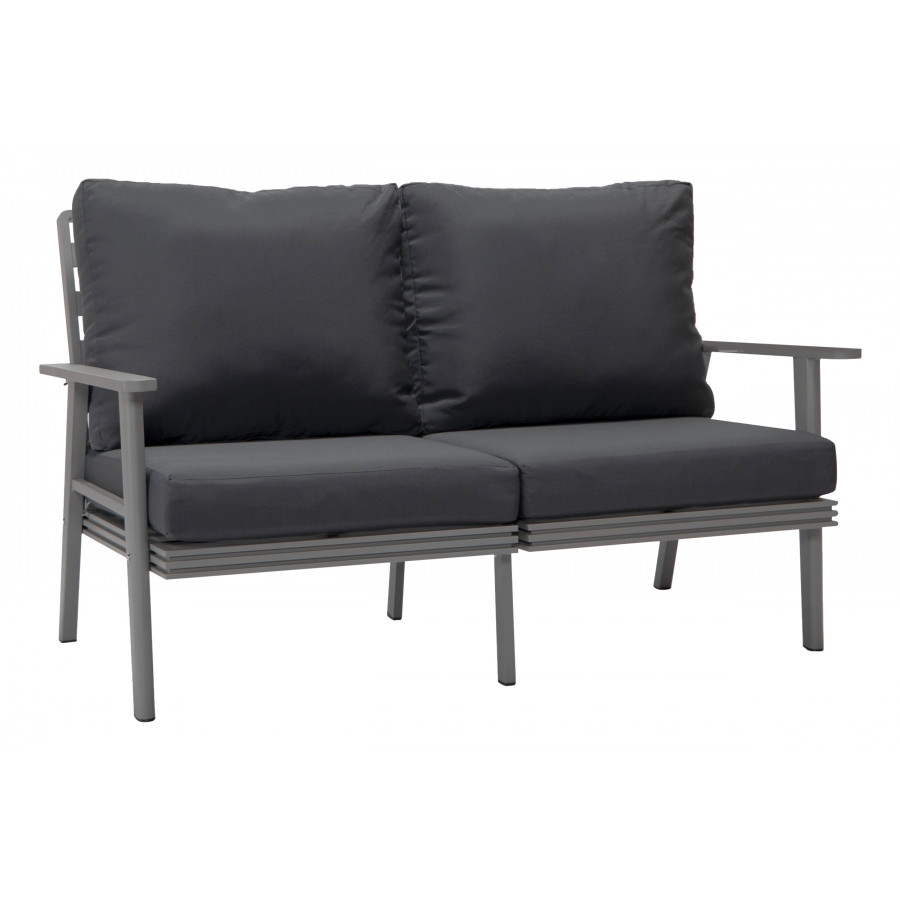 LeisureMod Walbrooke Modern Outdoor Patio Loveseat with Gray Aluminum Frame and Removable Cushions - Charcoal