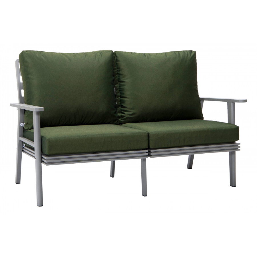LeisureMod Walbrooke Modern Outdoor Patio Loveseat with Gray Aluminum Frame and Removable Cushions - Green