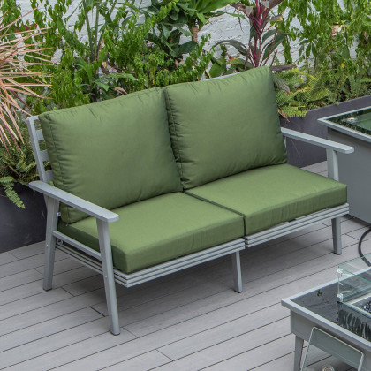 LeisureMod Walbrooke Modern Outdoor Patio Loveseat with Gray Aluminum Frame and Removable Cushions - Green
