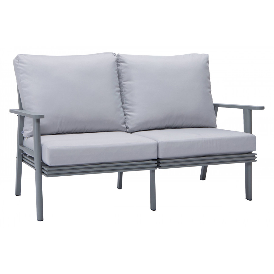 LeisureMod Walbrooke Modern Outdoor Patio Loveseat with Gray Aluminum Frame and Removable Cushions - Light Gray