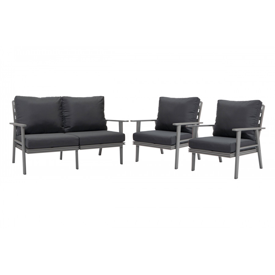 LeisureMod Walbrooke Modern 3-Piece Outdoor Patio Set with Gray Aluminum Frame - Charcoal