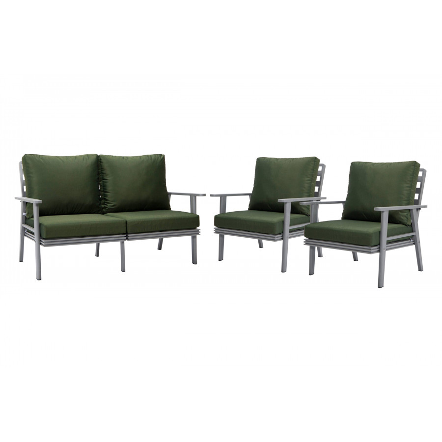 LeisureMod Walbrooke Modern 3-Piece Outdoor Patio Set with Gray Aluminum Frame - Green