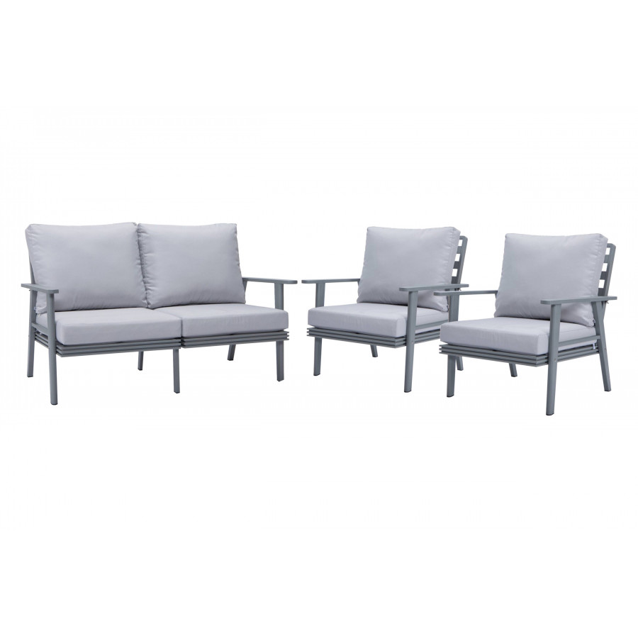 LeisureMod Walbrooke Modern 3-Piece Outdoor Patio Set with Gray Aluminum Frame - Light Gray