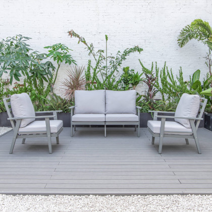 LeisureMod Walbrooke Modern 3-Piece Outdoor Patio Set with Gray Aluminum Frame - Light Gray