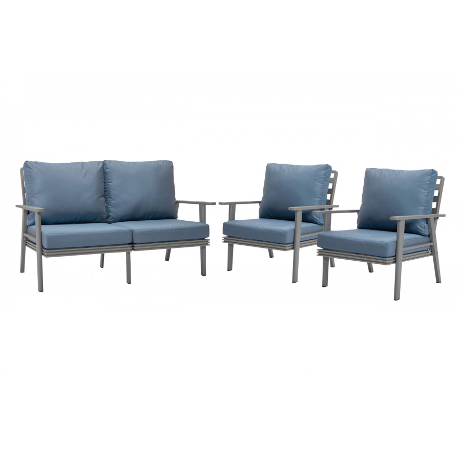 LeisureMod Walbrooke Modern 3-Piece Outdoor Patio Set with Gray Aluminum Frame - Navy Blue