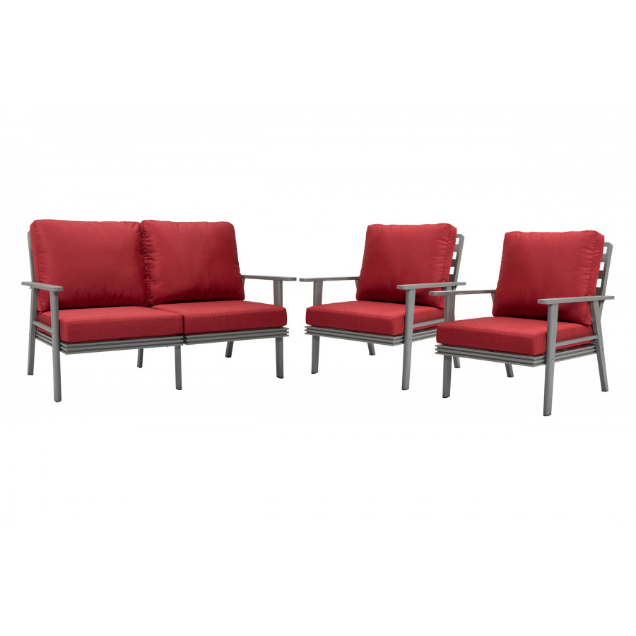 LeisureMod Walbrooke Modern 3-Piece Outdoor Patio Set with Gray Aluminum Frame - Red