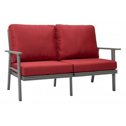 LeisureMod Walbrooke Modern 3-Piece Outdoor Patio Set with Gray Aluminum Frame - Red