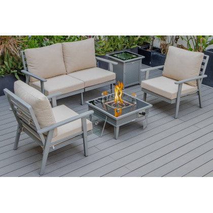 LeisureMod - Walbrooke Modern Black Patio Conversation With Square Fire Pit With Slats Design & Tank Holder