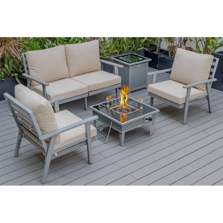 LeisureMod Walbrooke Modern Gray Patio Conversation With Square Fire Pit With Slats Design & Tank Holder - Beige