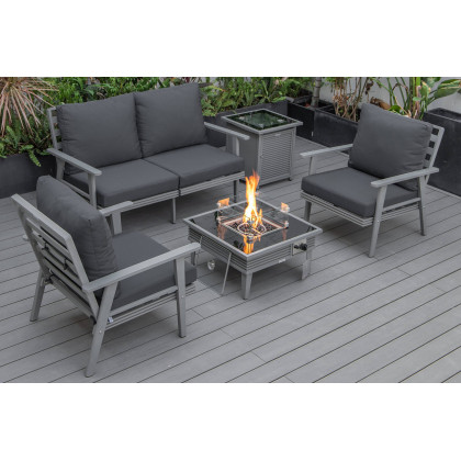 LeisureMod - Walbrooke Modern Black Patio Conversation With Square Fire Pit With Slats Design & Tank Holder