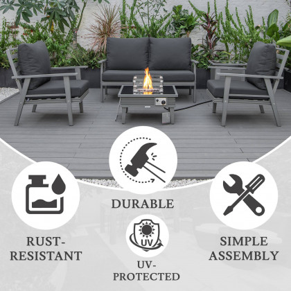 LeisureMod Walbrooke Modern Gray Patio Conversation With Square Fire Pit With Slats Design & Tank Holder - Charcoal