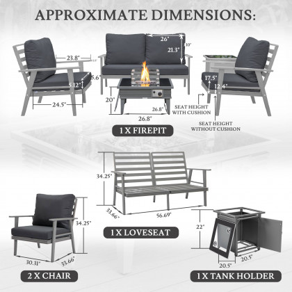 LeisureMod Walbrooke Modern Gray Patio Conversation With Square Fire Pit With Slats Design & Tank Holder - Charcoal