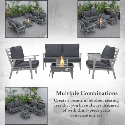 LeisureMod Walbrooke Modern Gray Patio Conversation With Square Fire Pit With Slats Design & Tank Holder - Charcoal
