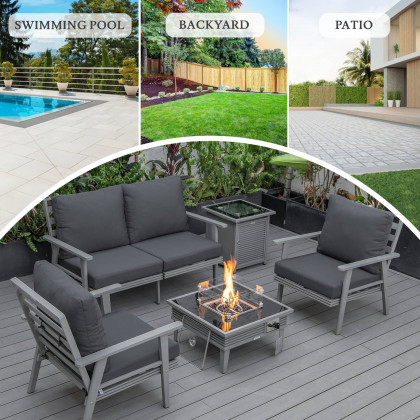LeisureMod Walbrooke Modern Gray Patio Conversation With Square Fire Pit With Slats Design & Tank Holder - Charcoal