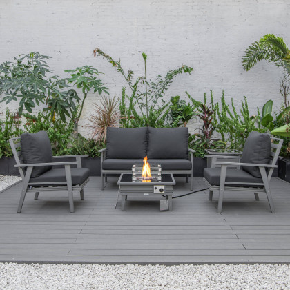 LeisureMod Walbrooke Modern Gray Patio Conversation With Square Fire Pit With Slats Design & Tank Holder - Charcoal