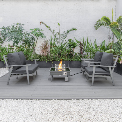 LeisureMod Walbrooke Modern Gray Patio Conversation With Square Fire Pit With Slats Design & Tank Holder - Charcoal