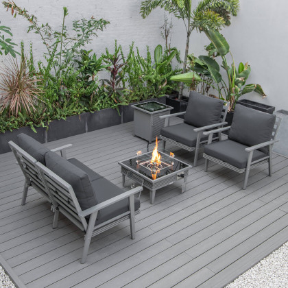 LeisureMod Walbrooke Modern Gray Patio Conversation With Square Fire Pit With Slats Design & Tank Holder - Charcoal