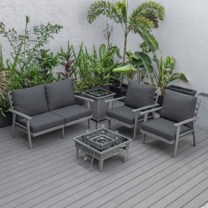 LeisureMod Walbrooke Modern Gray Patio Conversation With Square Fire Pit With Slats Design & Tank Holder - Charcoal