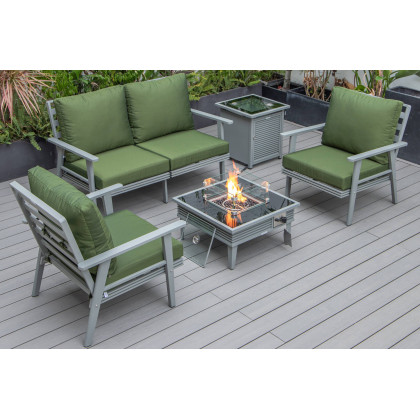 LeisureMod - Walbrooke Modern Black Patio Conversation With Square Fire Pit With Slats Design & Tank Holder
