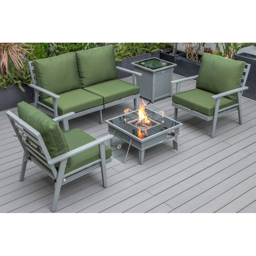 LeisureMod Walbrooke Modern Gray Patio Conversation With Square Fire Pit With Slats Design & Tank Holder - Green