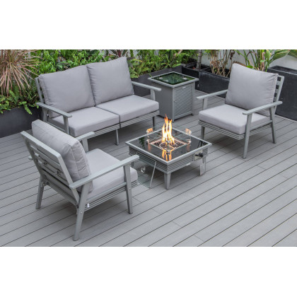 LeisureMod - Walbrooke Modern Black Patio Conversation With Square Fire Pit With Slats Design & Tank Holder
