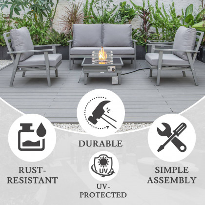 LeisureMod Walbrooke Modern Gray Patio Conversation With Square Fire Pit With Slats Design & Tank Holder - Gray