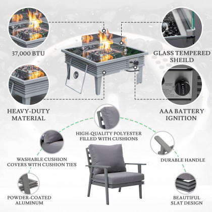 LeisureMod Walbrooke Modern Gray Patio Conversation With Square Fire Pit With Slats Design & Tank Holder - Gray