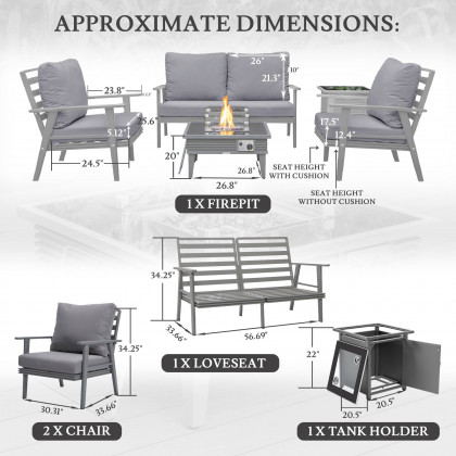 LeisureMod Walbrooke Modern Gray Patio Conversation With Square Fire Pit With Slats Design & Tank Holder - Gray