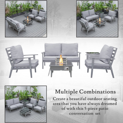 LeisureMod Walbrooke Modern Gray Patio Conversation With Square Fire Pit With Slats Design & Tank Holder - Gray