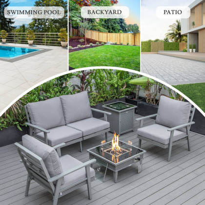 LeisureMod Walbrooke Modern Gray Patio Conversation With Square Fire Pit With Slats Design & Tank Holder - Gray