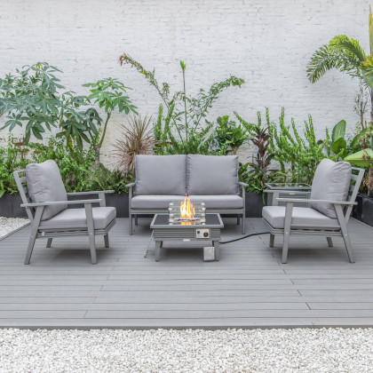 LeisureMod Walbrooke Modern Gray Patio Conversation With Square Fire Pit With Slats Design & Tank Holder - Gray