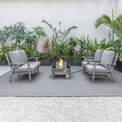 LeisureMod Walbrooke Modern Gray Patio Conversation With Square Fire Pit With Slats Design & Tank Holder - Gray