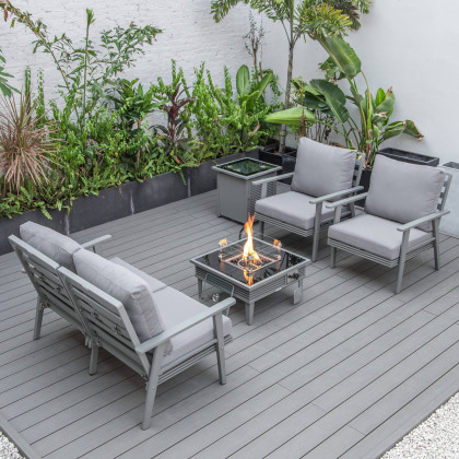 LeisureMod Walbrooke Modern Gray Patio Conversation With Square Fire Pit With Slats Design & Tank Holder - Gray