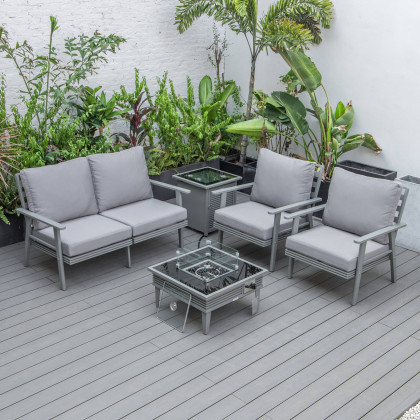 LeisureMod Walbrooke Modern Gray Patio Conversation With Square Fire Pit With Slats Design & Tank Holder - Gray