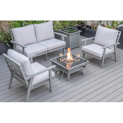 LeisureMod - Walbrooke Modern Black Patio Conversation With Square Fire Pit With Slats Design & Tank Holder