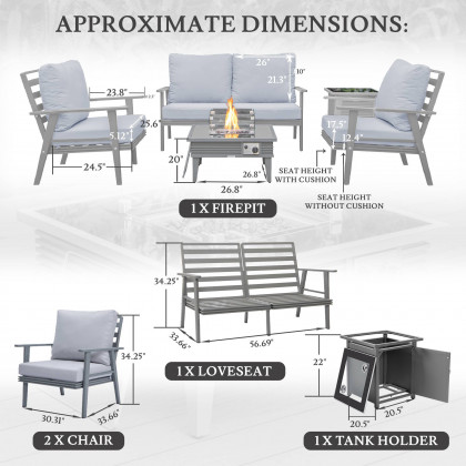 LeisureMod Walbrooke Modern Gray Patio Conversation With Square Fire Pit With Slats Design & Tank Holder - Light Gray