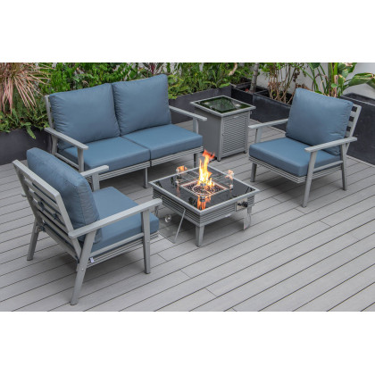 LeisureMod - Walbrooke Modern Black Patio Conversation With Square Fire Pit With Slats Design & Tank Holder