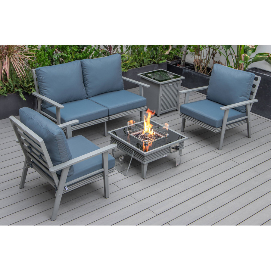 LeisureMod Walbrooke Modern Gray Patio Conversation With Square Fire Pit With Slats Design & Tank Holder - Navy Blue